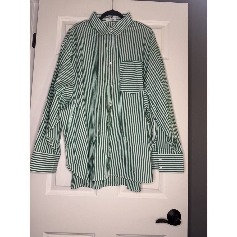 Showpo Jaycey Striped Poplin Oversized Button Up Shirt Green White Size 16 Nwt